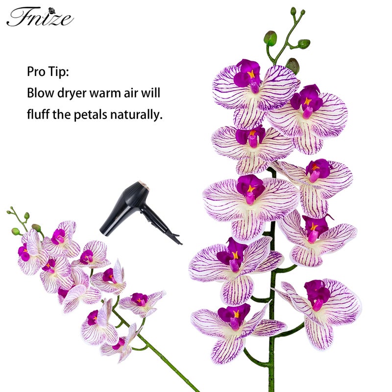 Fnize Faux Orchid Stems Artificial Flowers Phalaenopsis 38 Inch 2pcs Real Touch Latex 9 Large Petals Purple Pattern - Image 3